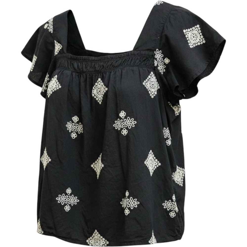 a.n.a Black Embroidered Square Neck Flutter‎ Sleeve Boho Top XL Cotton Smocked